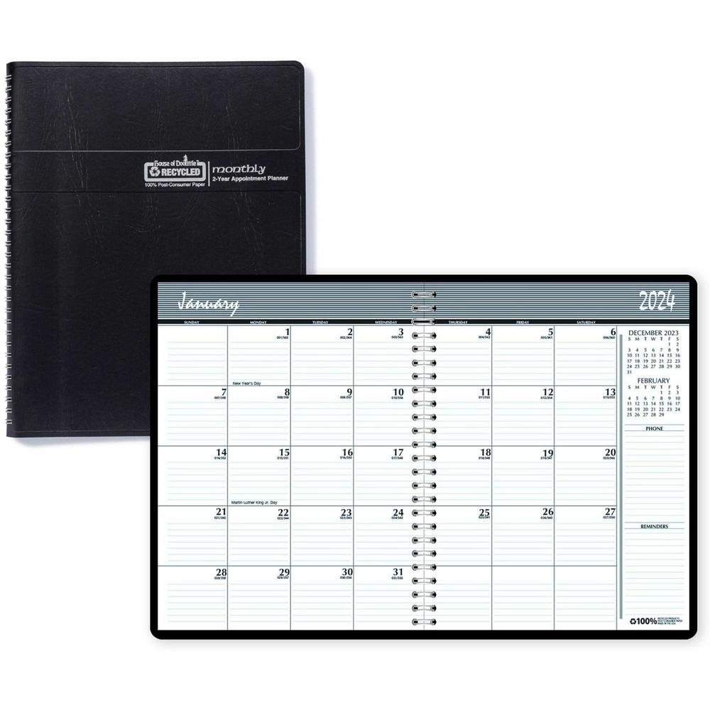 House of Doolittle 2680-02 Planner - Personal - Julian Dates - Monthly - 24 Month - January 2024 - December 2025 - 1 Month Double Page Layout - 6 55/64" x 8 3/4" Blue Sheet - Wire Bound - Leather - Bl. Picture 1