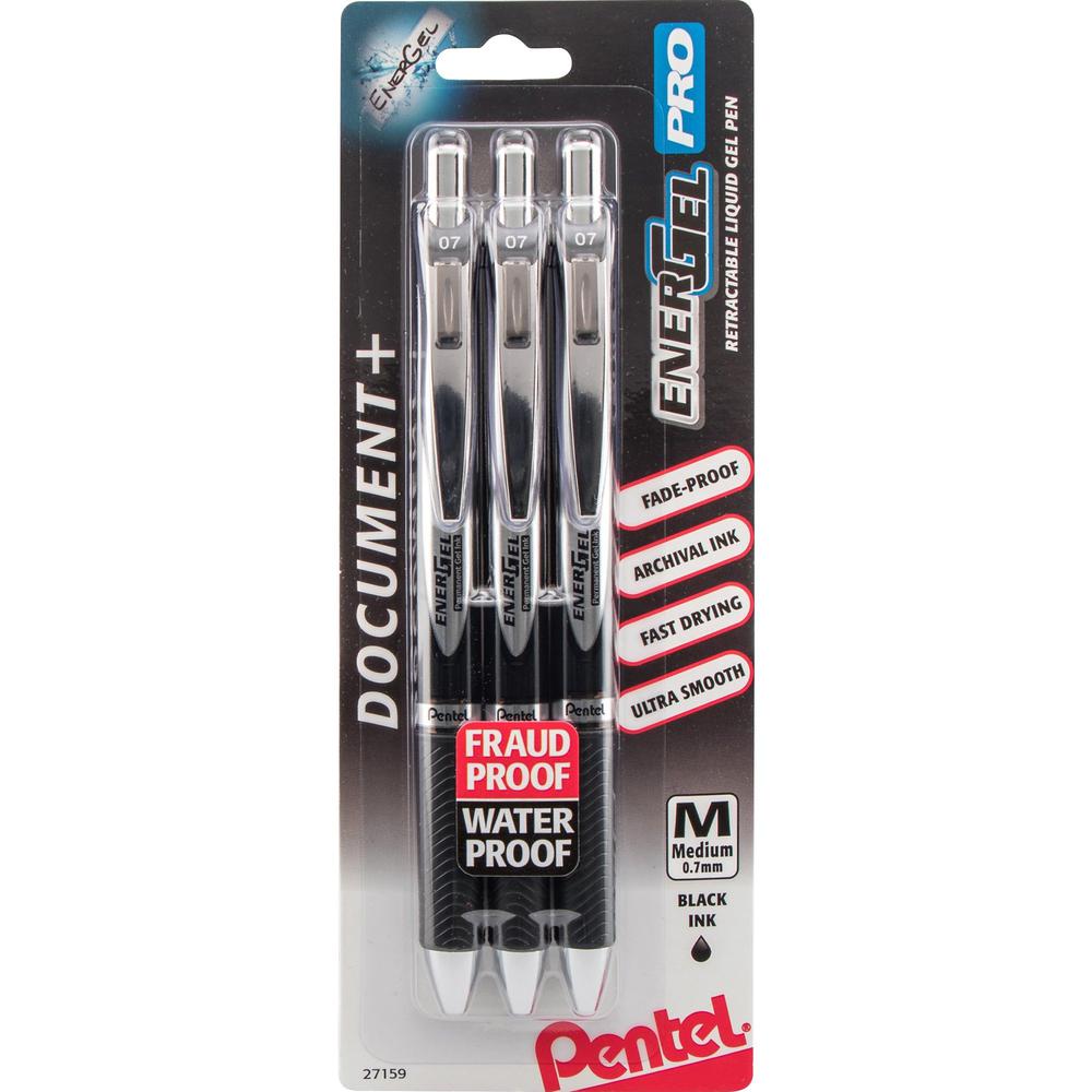 EnerGel PRO Retractable Liquid Gel Ink Pens - Medium Pen Point - 0.7 mm Pen Point Size - Refillable - Retractable - Black Gel-based Ink - Black Stainless Steel Barrel - Metal Tip - 3 / Pack. Picture 1