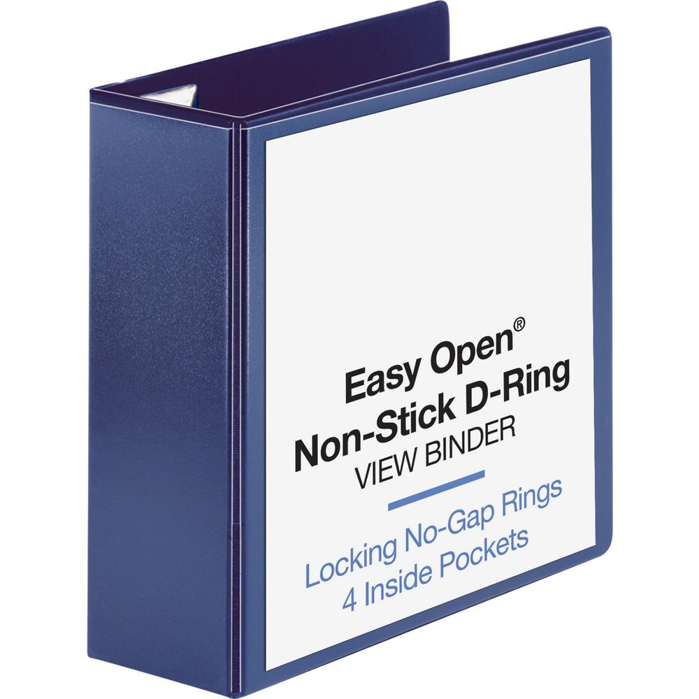 Business Source Easy Open Nonstick D-Ring View Binder - 4" Binder Capacity - Letter - 8 1/2" x 11" Sheet Size - D-Ring Fastener(s) - 4 Pocket(s) - Polypropylene - Navy - Non-stick - 1 Each. Picture 1