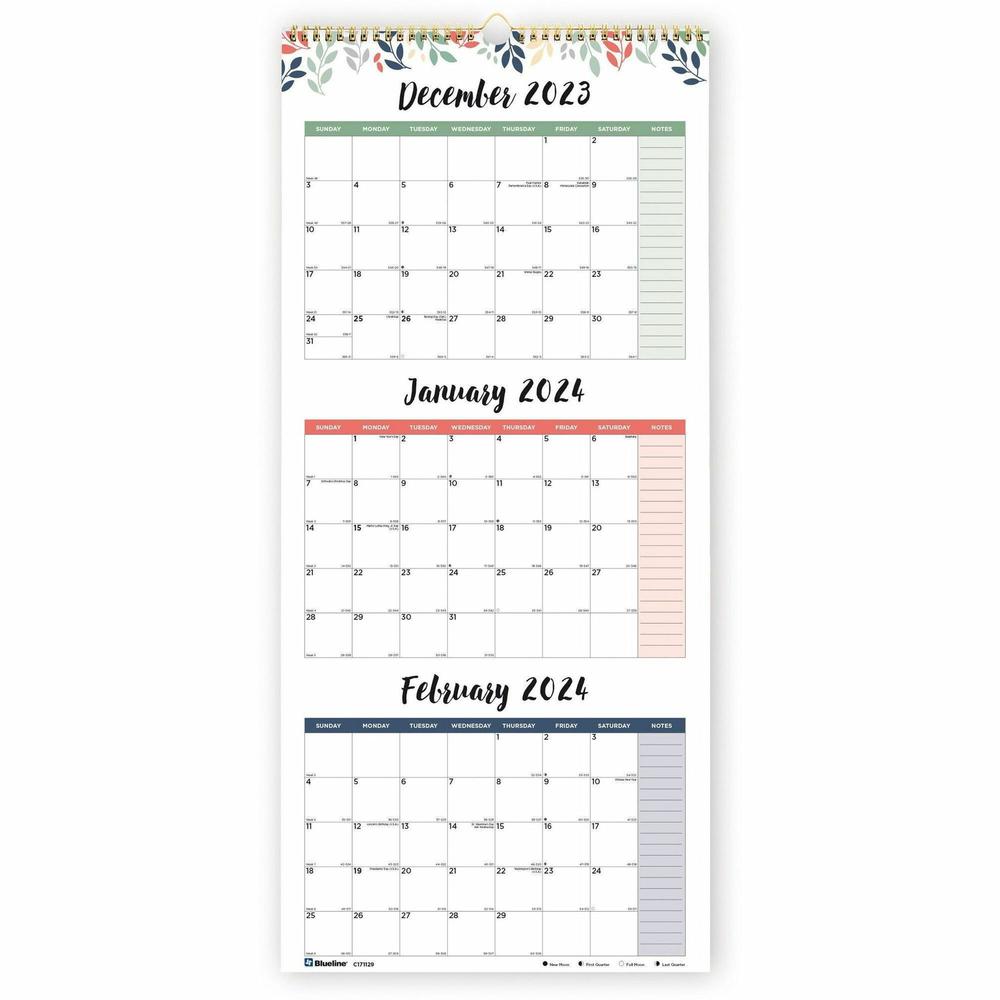 Blueline 3-Month Colorful Wall Calendar - Professional - Julian Dates - Monthly - 14 Month - December 2023 - January 2025 - 3 Month Single Page Layout - 12 1/4" x 27" Sheet Size - Twin Wire - Hook & L. Picture 1