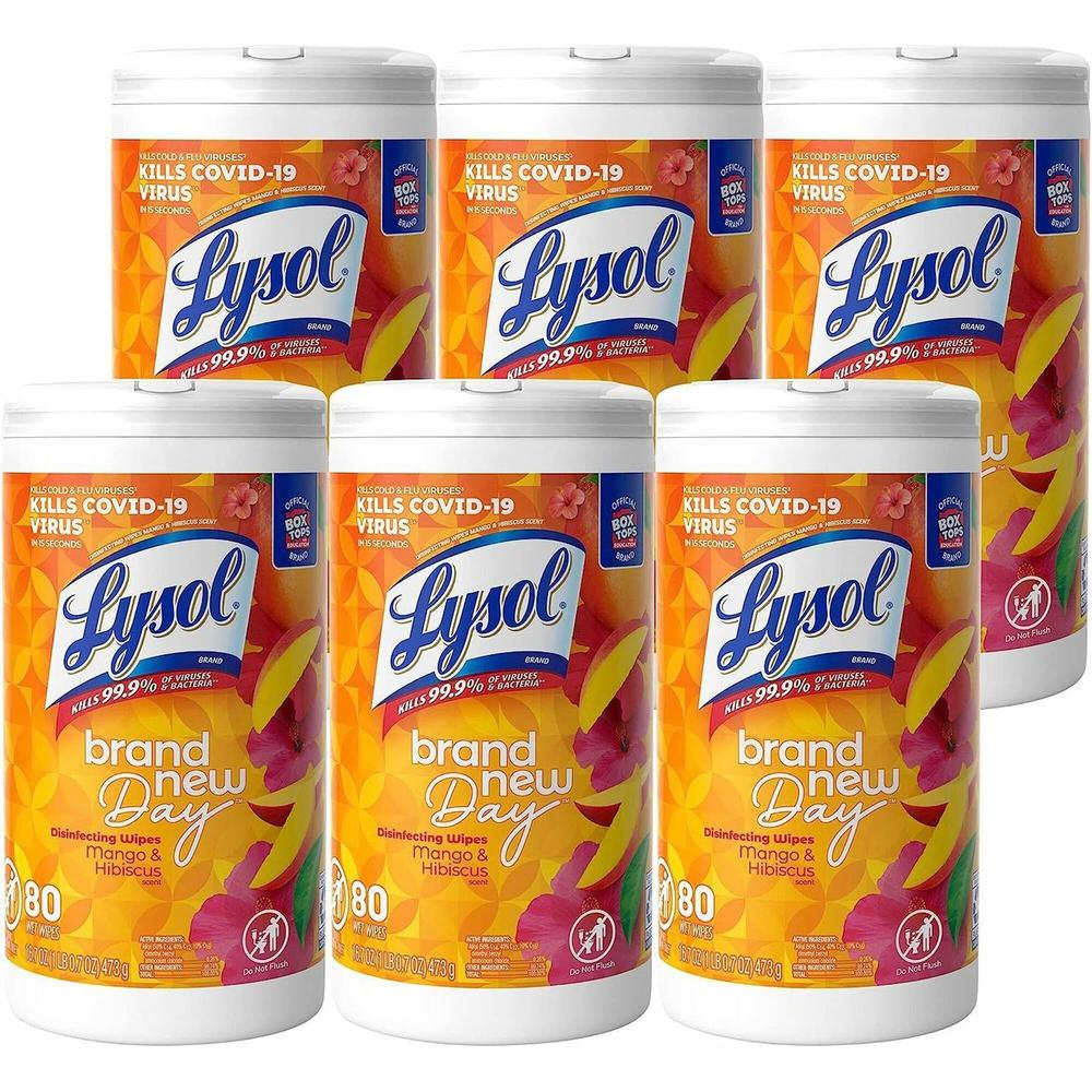 Lysol Brand New Day Disinfecting Wipes - Wipe - Mango Scent - 80 / Canister - 6 / Carton - White. Picture 1