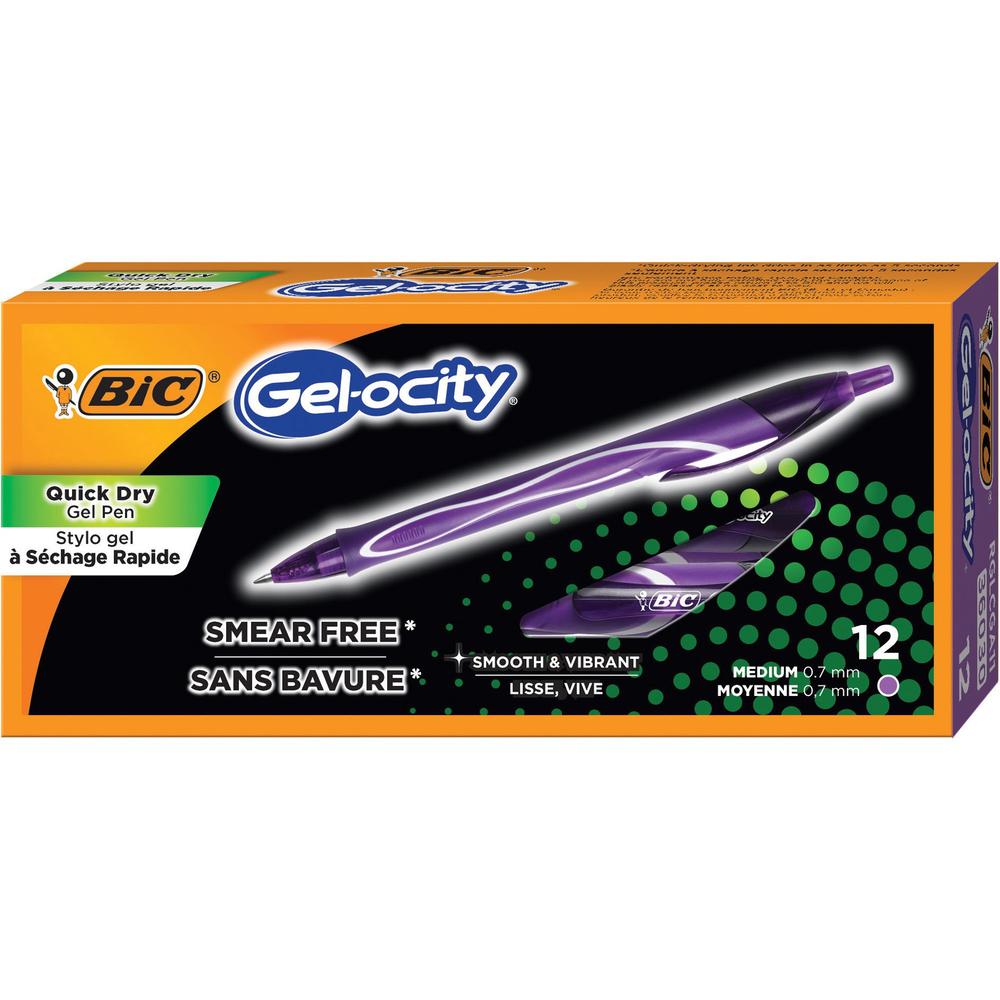 BIC Gel-ocity 0.7mm Quick Dry Gel Pen - Medium Pen Point - 0.7 mm Pen Point Size - Retractable - Purple Gel-based Ink - 1 Dozen. Picture 1