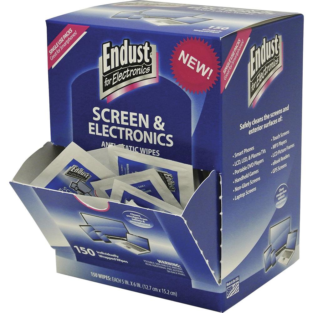 Endust Screen/Electronics Clean Wipes - For Smartphone, Handheld Device, Notebook, LCD, GPS Navigation System, Display Screen - Anti-static, Alcohol-free, Ammonia-free, Soft, Non-abrasive - 150 / Pack. Picture 1