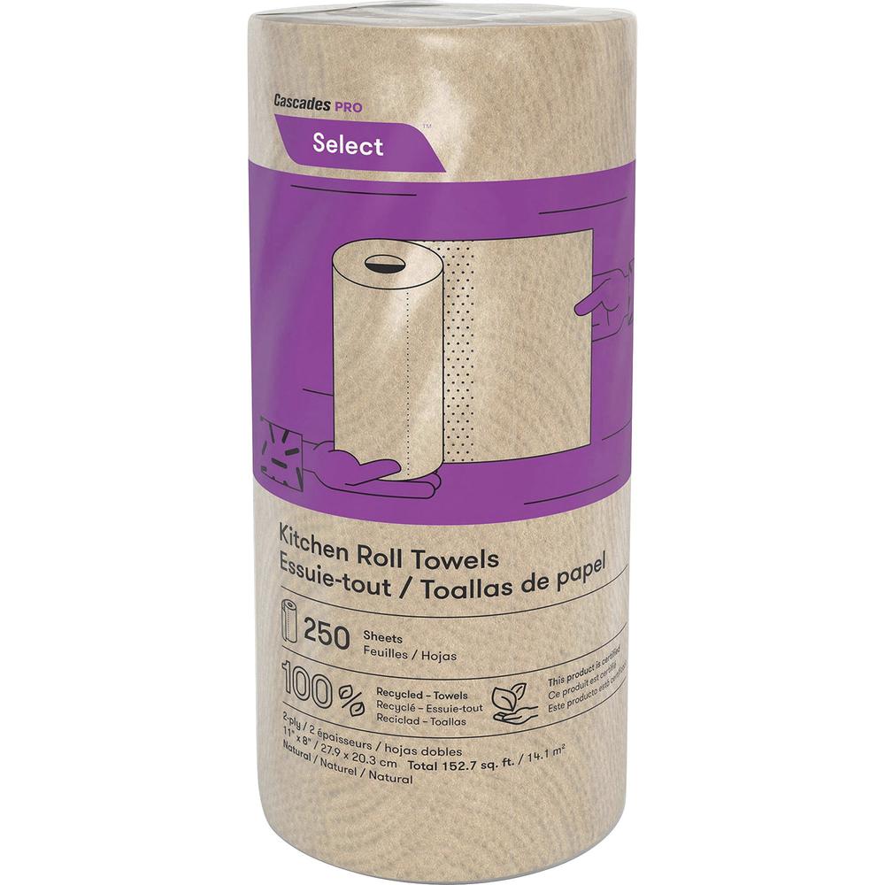 Cascades PRO Select Kitchen Roll Towels - 2 Ply - 11" x 8" - 250 Sheets/Roll - Nature - 12 / Carton. Picture 1