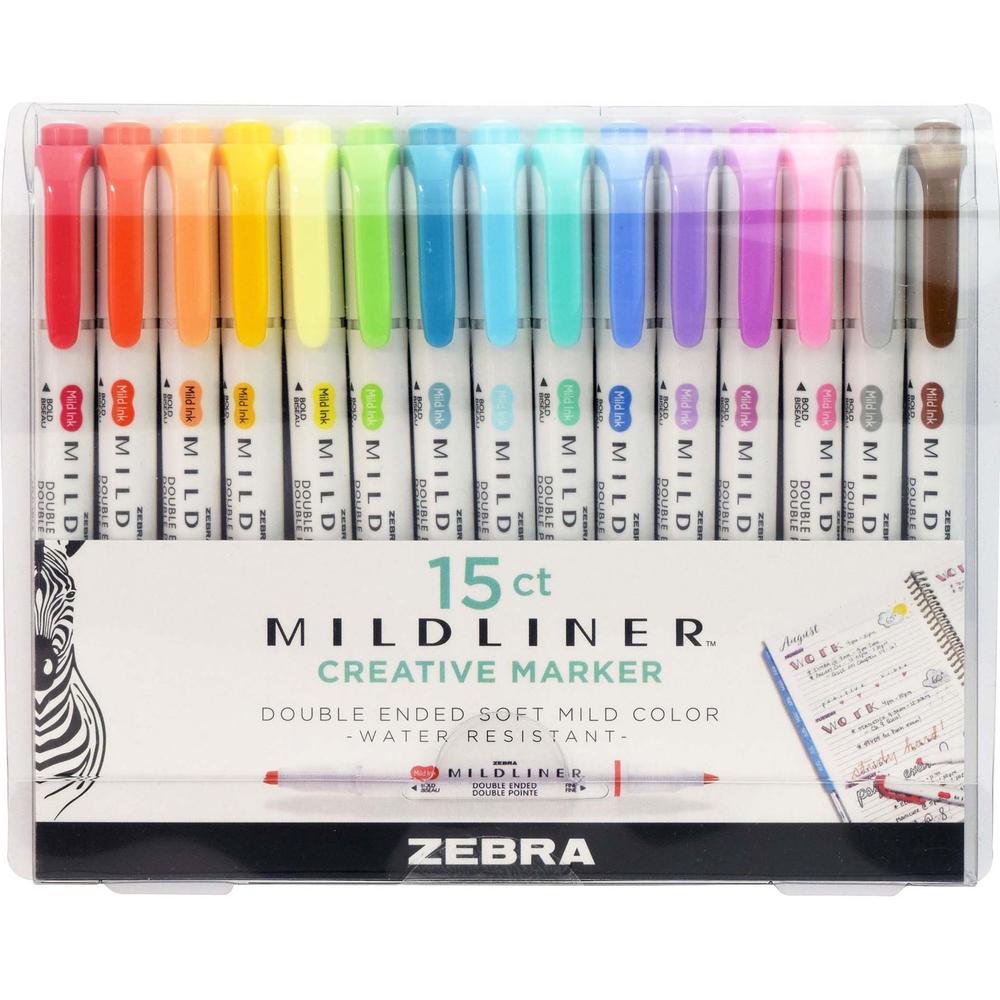 Zebra Pen Mildliner Double-ended Assorted Highlighter Set 15PK - Fine Marker Point - Chisel, Bullet Marker Point Style - Assorted - White Barrel - 15 / Pack. Picture 1