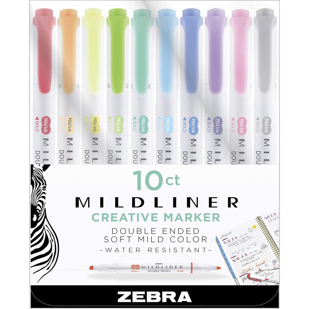 Zebra Pen Mildliner Double-ended Assorted Highlighter Set 10PK - Fine Marker Point - Chisel, Bullet Marker Point Style - Assorted - White Barrel - 10 / Pack. Picture 1