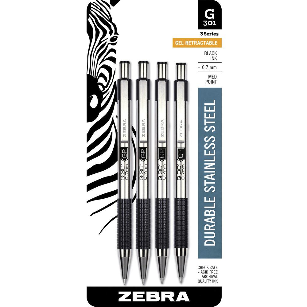Zebra Pen STEEL 3 Series G-301 Retractable Gel Pen - 0.7 mm Pen Point Size - Refillable - Retractable - Black Gel-based Ink - Metal Barrel - 4 / Pack. Picture 1