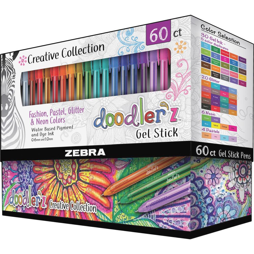 Zebra Pen Doodler'z Gel Stick Pens - Bold Pen Point - 1 mm Pen Point Size - Needle Pen Point Style - Metallic, Neon, Assorted Water Based, Dye-based, Pigment-based Ink - Translucent Barrel - 60 / Pack. Picture 1