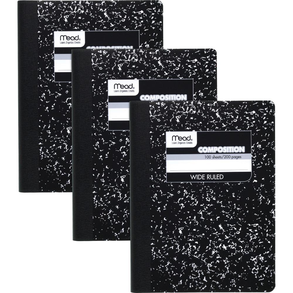 Mead Wide Ruled Comp Book - 100 Sheets - 100 Pages - Sewn - 9 3/4" x 7 1/2" - 9" x 7" x 0.5" - Black Marble Cover - Multiplication Table, Conversion Table, Reference Page - 3 / Pack. Picture 1