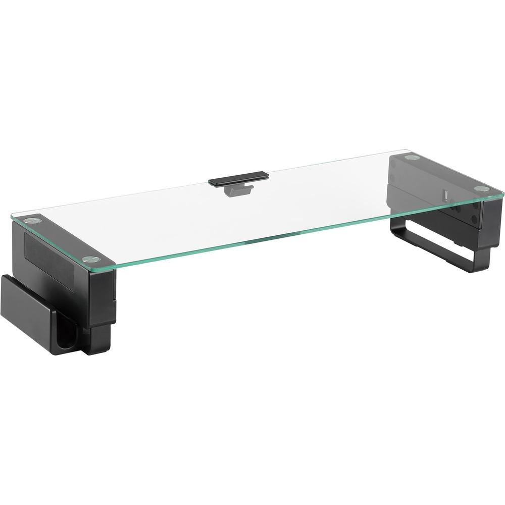 Lorell Single Shelf USB Glass Monitor Stand - 44 lb Load Capacity - 1 x Shelf(ves) - 3.7" Height x 24.1" Width x 8.3" Depth - Desktop - Glass - Black. Picture 1