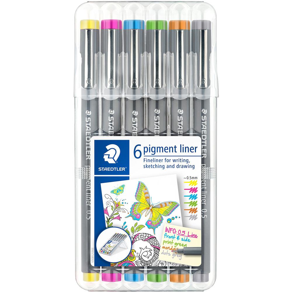 Staedtler Pigment Liner 308 - Fine Pen Point - 0.5 mm Pen Point Size - Assorted Pigment-based Ink - Polypropylene Barrel - Metal Tip - 6 / Set. Picture 1