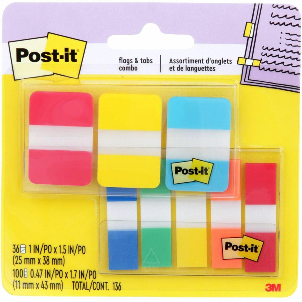 Post-it&reg; Tabs and Flags Combo Pack - Red, Yellow, Blue, Green, Orange - Sticky, Adhesive - 136 / Pack. Picture 1