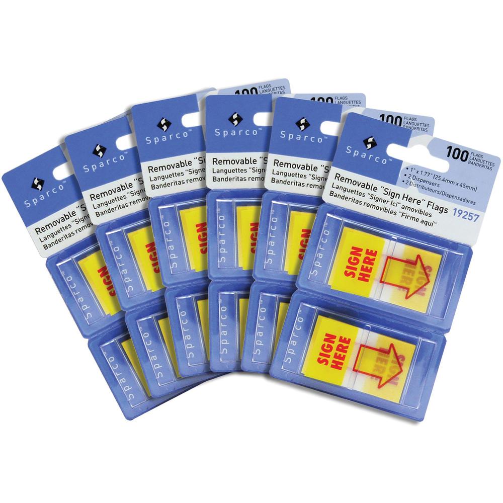 Sparco Pop-up Sign Here Flags in Dispenser - 1" x 1 3/4" - Yellow - Self-stick - 600 / Box. Picture 1