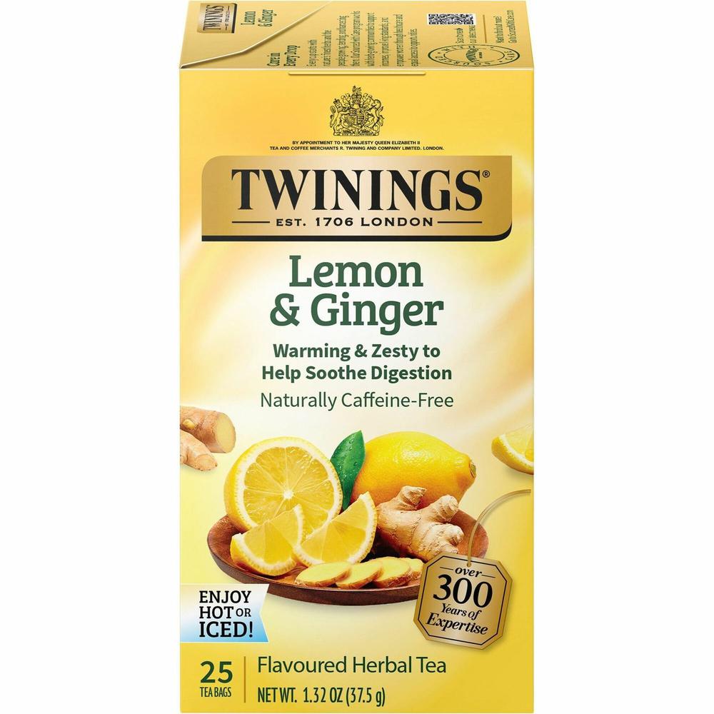 Twinings Lemon & Ginger Tea Bag - 1.3 oz - 25 / Box. Picture 1