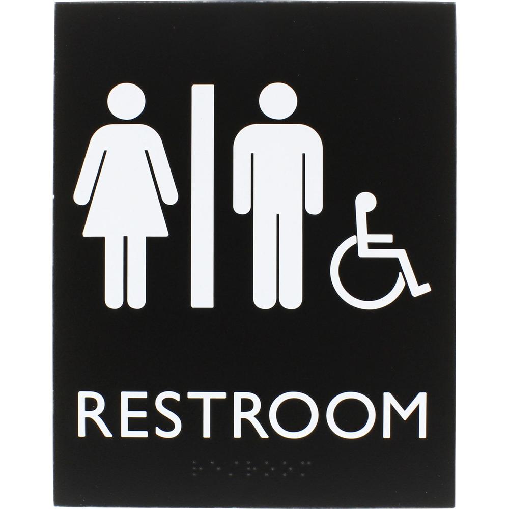 Lorell Unisex Handicap Restroom Sign - 1 Each - Restroom (Man/Woman/Wheelchair) Print/Message - 6.4" Width x 8.5" Height - Rectangular Shape - Surface-mountable - Easy Readability, Braille - Restroom . Picture 1