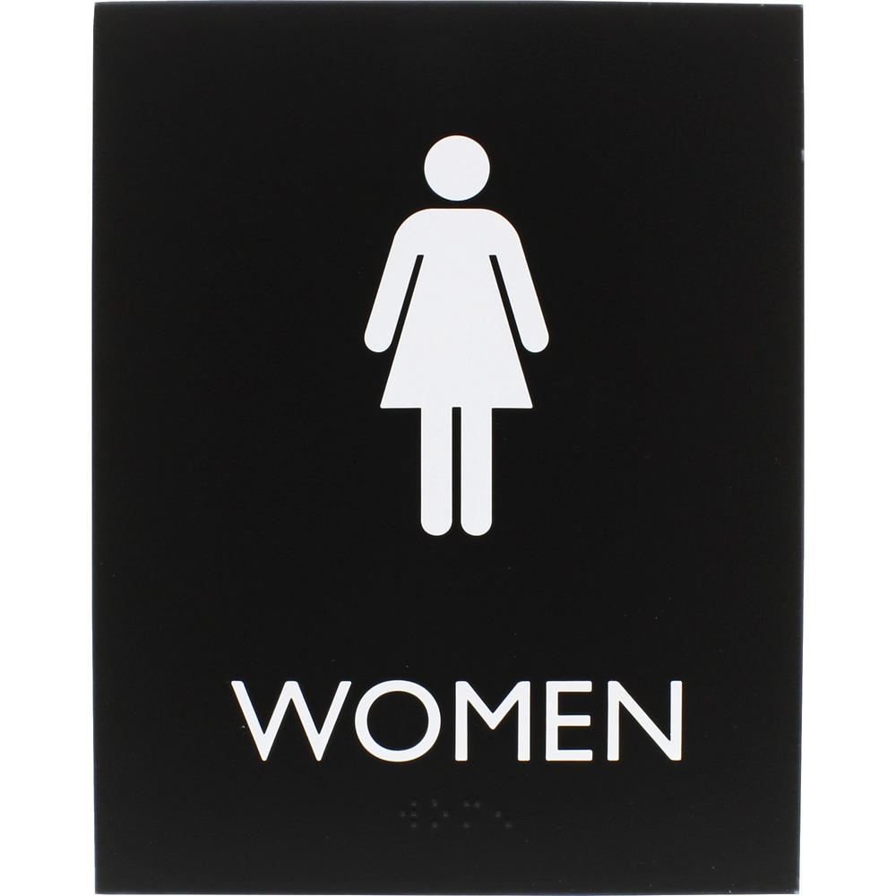Lorell Women's Restroom Sign - 1 Each - Women Print/Message - 6.4" Width x 8.5" Height - Rectangular Shape - Surface-mountable - Easy Readability, Braille - Plastic - Black. Picture 1