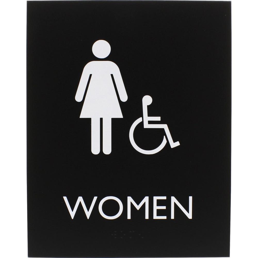 Lorell Restroom Sign - 1 Each - Women Print/Message - 6.4" Width x 8.5" Height - Rectangular Shape - Easy Readability, Braille - Plastic - Black. The main picture.