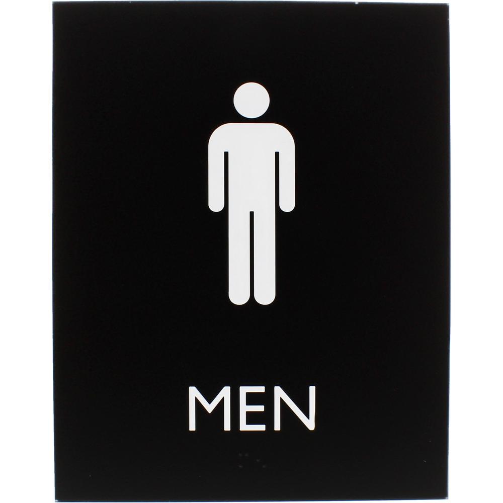 Lorell Men's Restroom Sign - 1 Each - Men Print/Message - 6.4" Width x 8.5" Height - Rectangular Shape - Surface-mountable - Easy Readability, Braille - Plastic - Black. Picture 1