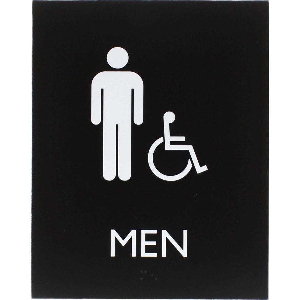 Lorell Men's Handicap Restroom Sign - 1 Each - Men Print/Message - 6.4" Width x 8.5" Height - Rectangular Shape - Surface-mountable - Easy Readability, Braille - Plastic - Black. Picture 1