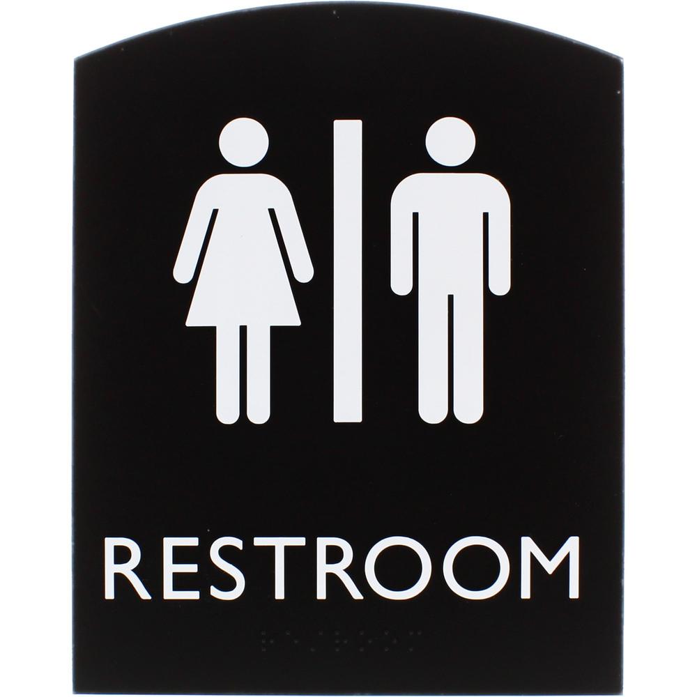 Lorell Arched Unisex Restroom Sign - 1 Each - 6.8" Width x 8.5" Height - Rectangular Shape - Surface-mountable - Easy Readability, Braille - Plastic - Black. Picture 1