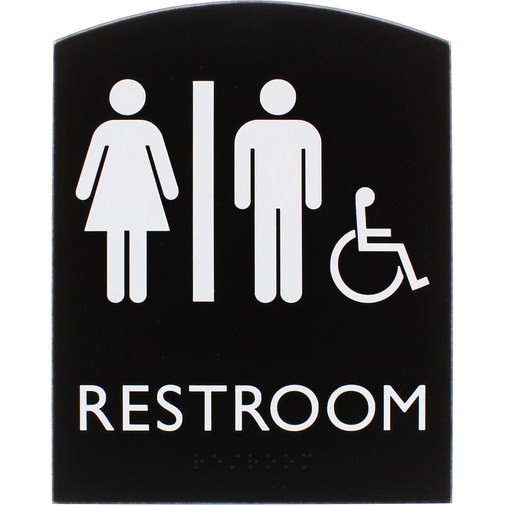 Lorell Arched Unisex Handicap Restroom Sign - 1 Each - 6.8" Width x 8.5" Height - Rectangular Shape - Surface-mountable - Easy Readability, Braille - Plastic - Black. Picture 1