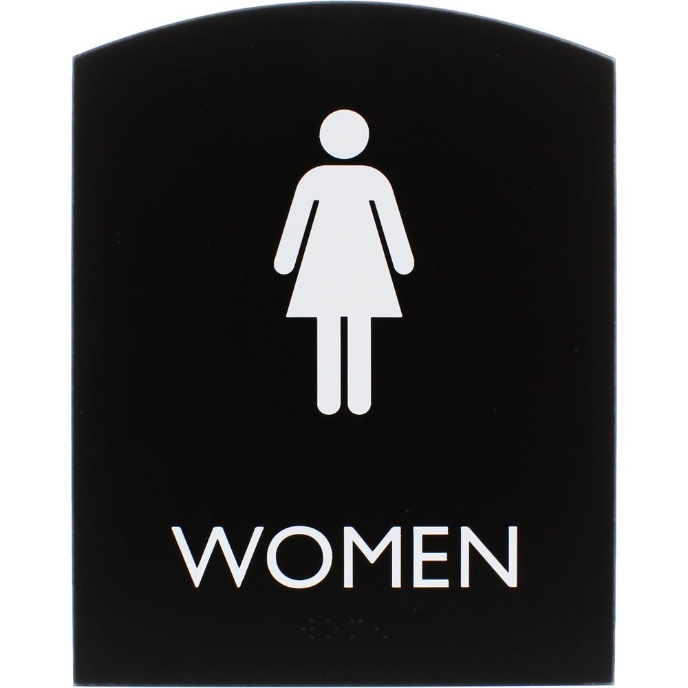 Lorell Arched Women's Restroom Sign - 1 Each - Women Print/Message - 6.8" Width x 8.5" Height - Rectangular Shape - Surface-mountable - Easy Readability, Braille - Plastic - Black. Picture 1