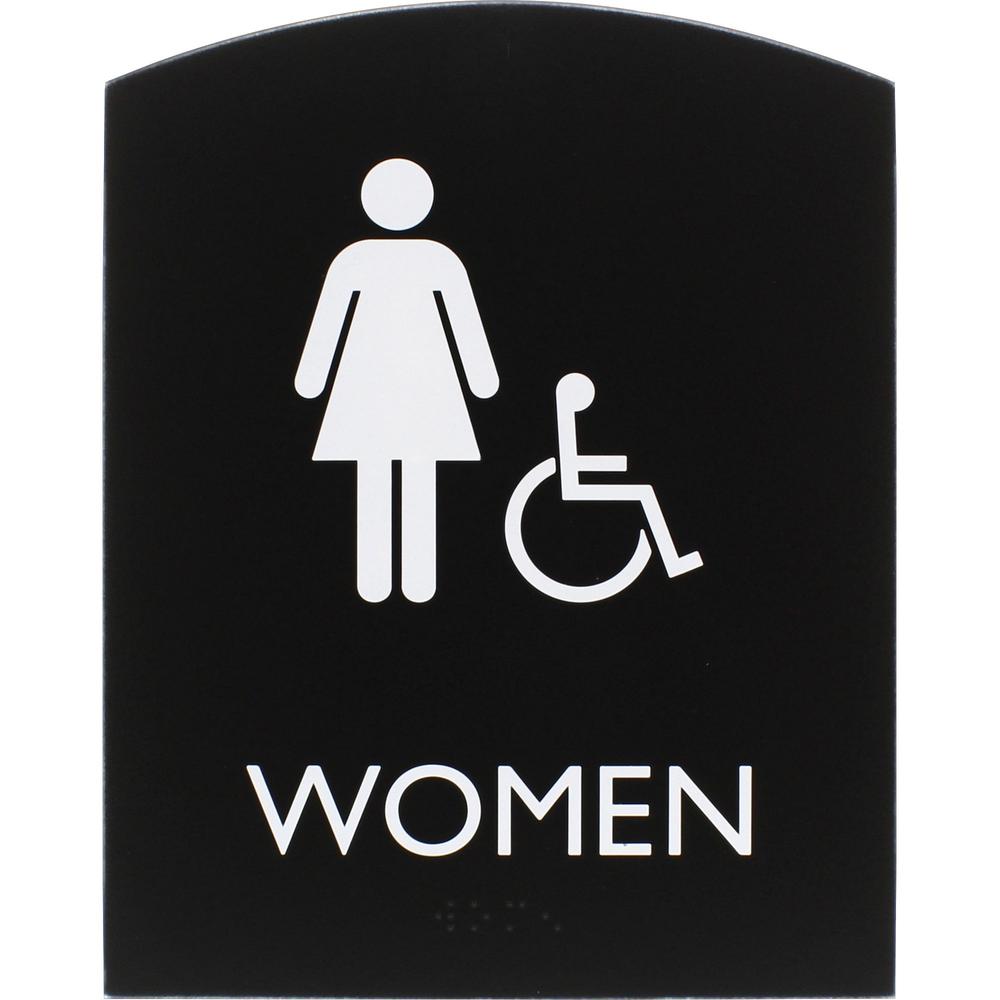 Lorell Arched Women's Handicap Restroom Sign - 1 Each - Women Print/Message - 6.8" Width x 8.5" Height - Rectangular Shape - Surface-mountable - Easy Readability, Braille - Plastic - Black. Picture 1