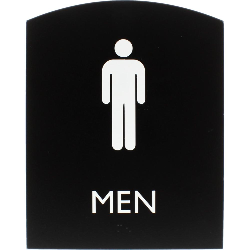 Lorell Arched Men's Restroom Sign - 1 Each - Men Print/Message - 6.8" Width x 8.5" Height - Rectangular Shape - Surface-mountable - Easy Readability, Braille - Plastic - Black. Picture 1