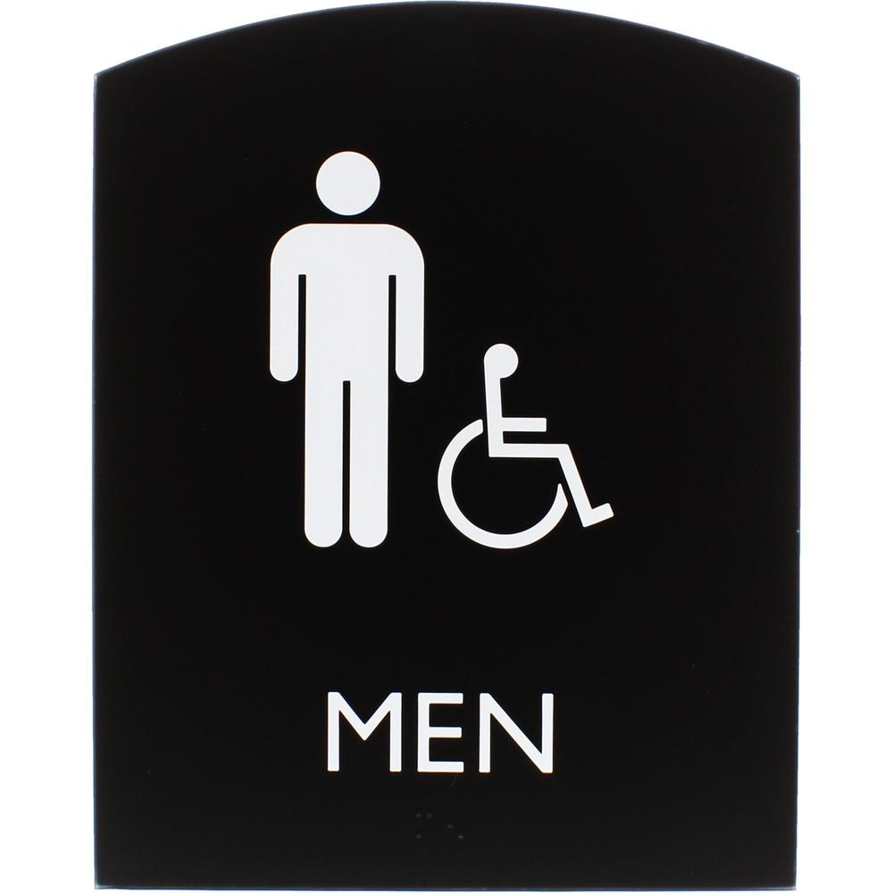 Lorell Arched Men's Handicap Restroom Sign - 1 Each - Men Print/Message - 6.8" Width x 8.5" Height - Rectangular Shape - Surface-mountable - Easy Readability, Braille - Plastic - Black. Picture 1
