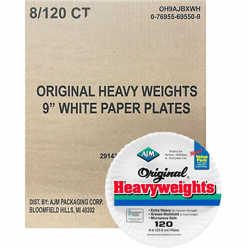 AJM 9" Original Heavyweight Plates - 120 / Pack - Serving, Reheating - Disposable - Microwave Safe - 9" Diameter - White - Paper Body - 8 / Carton. Picture 1