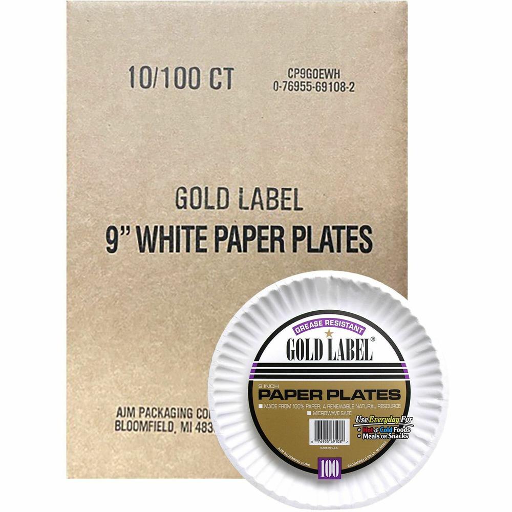 AJM 9" Dinnerware Paper Plates - 100 / Pack - Serving - Disposable - Microwave Safe - 9" Diameter - White - Paper Body - 10 / Carton. Picture 1