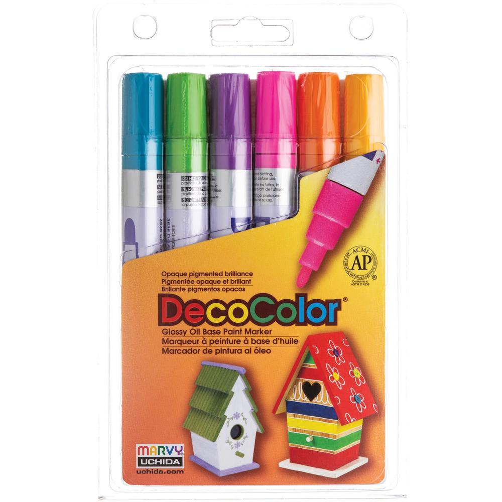 Marvy DecoColor Glossy Oil Base Paint Markers - Broad Marker Point - Yellow, Orange, Light Blue, Light Green, Rosemarie, Hot Purple Oil Based, Pigment-based Ink - 6 / Set. Picture 1