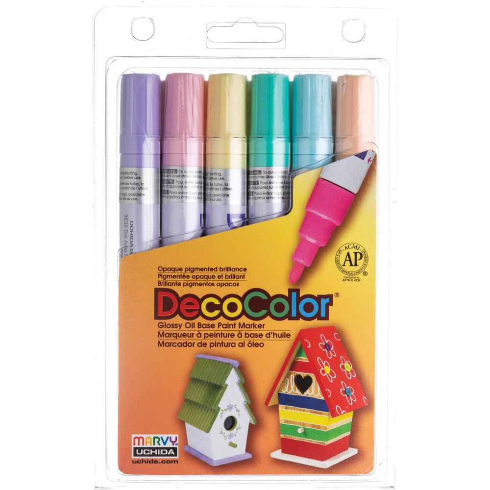 Marvy DecoColor Glossy Oil Base Paint Markers - Broad Marker Point - Pale Violet, Cream Yellow, Pale Blue, Pastel Peach, Peppermint, Blush Pink Oil Based, Pigment-based Ink - 6 / Set. Picture 1