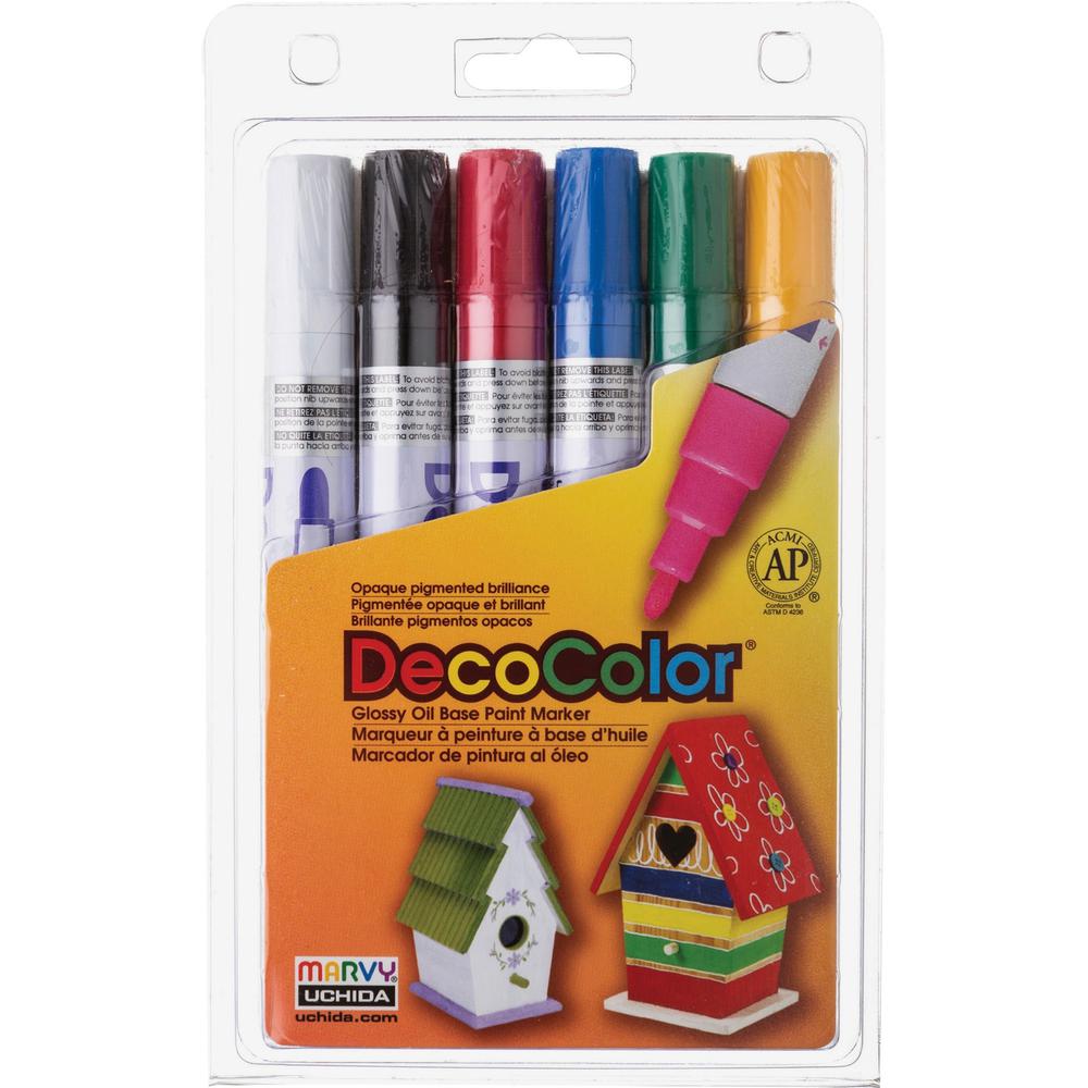 Marvy DecoColor Glossy Oil Base Paint Markers - Broad Marker Point - White, Black, Red, Blue, Green, Yellow Oil Based, Pigment-based Ink - 6 / Set. Picture 1