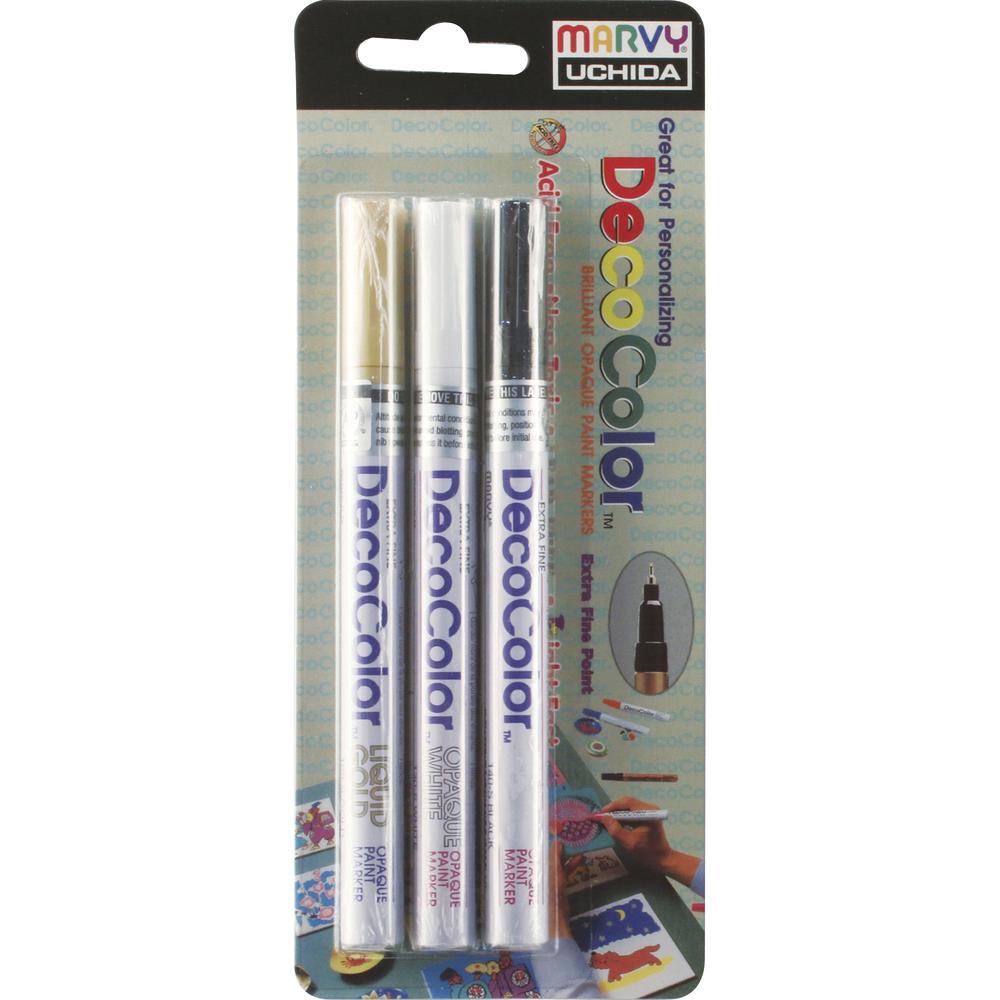 Marvy DecoColor Opaque Paint Markers - Extra Fine Marker Point - Black, Gold, White Oil Based, Pigment-based Ink - 3 / Set. The main picture.