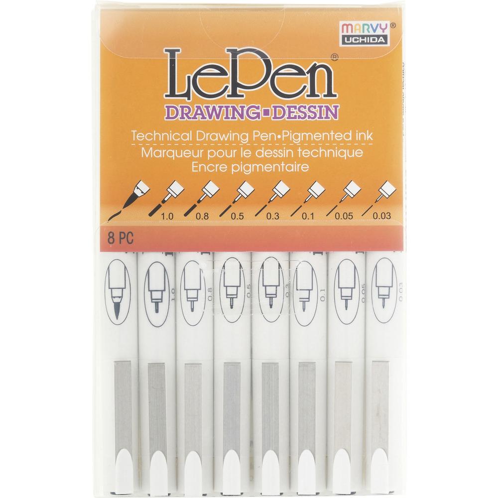 Marvy LePen Technical Drawing Pen Set - 0.08 mm, 0.5 mm, 0.1 mm, 0.05 mm, 0.03 mm, 1 mm, 0.3 mm Pen Point Size - Brush Pen Point Style - Black Water Based, Pigment-based Ink - 8 / Pack. Picture 1