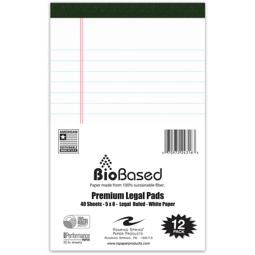 Roaring Spring USDA Certified Bio-Preferred Junior Size Legal Pads - 40 Sheets - 80 Pages - Printed - Stapled/Tapebound - Both Side Ruling Surface - Double Line Red Margin - 20 lb Basis Weight - 75 g/. Picture 1