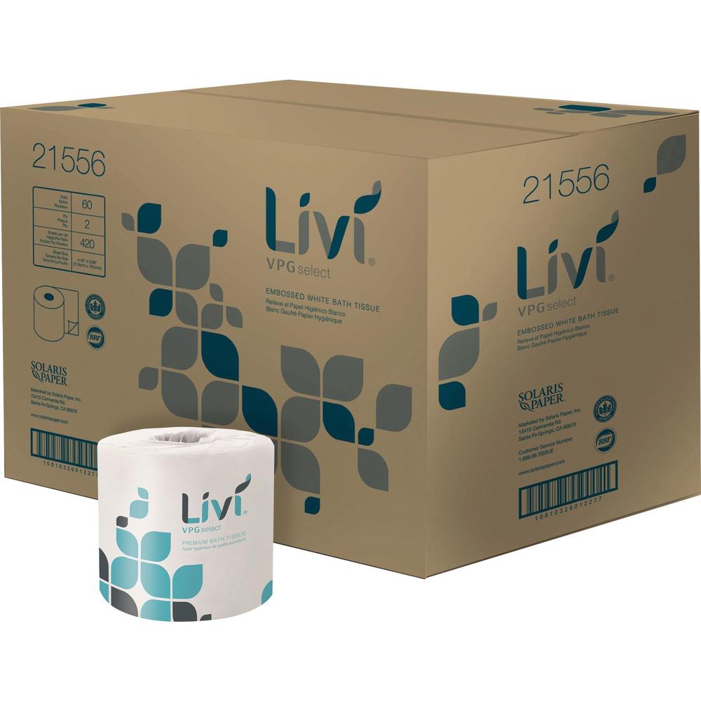 Livi VPG Select Bath Tissue - 2 Ply - 4.48" x 3.98" - 420 Sheets/Roll - Bright White - Virgin Fiber - Soft, Strong, Absorbent, Individually Wrapped - For Office Building - 60 / Carton. Picture 1