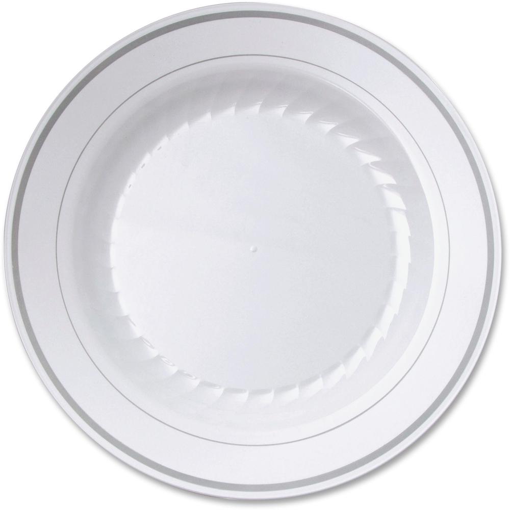 Masterpiece 9" Heavyweight Plates - 10 / Pack - Picnic, Party - Disposable - 9" Diameter - White - Plastic Body - 12 / Carton. Picture 1