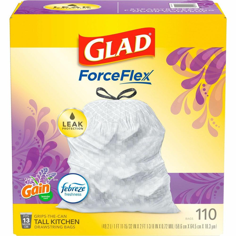 Glad ForceFlex Tall Kitchen Drawstring Trash Bags - Mediterranean Lavender with Febreze Freshness - 13 gal Capacity - 23.75" Width x 25.38" Length - 0.72 mil (18 Micron) Thickness - Drawstring Closure. Picture 1