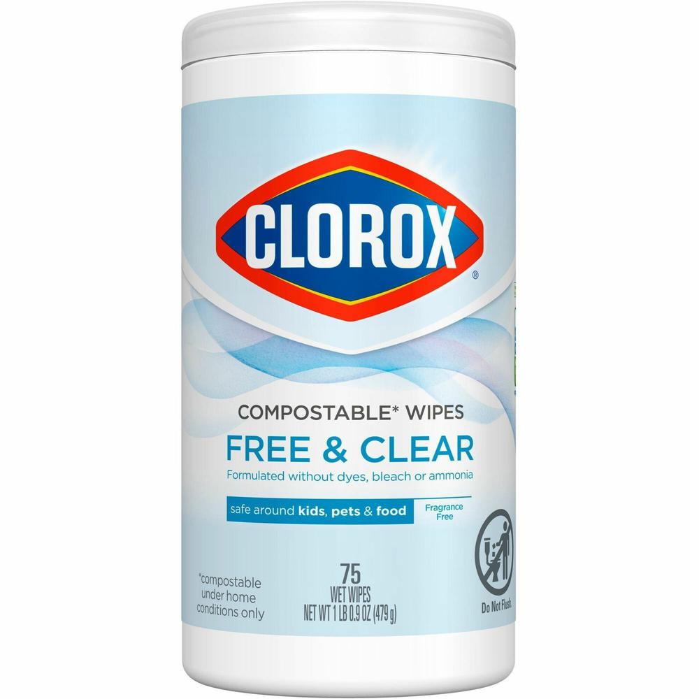 Clorox Free & Clear Compostable All Purpose Cleaning Wipes - 4.25" Length x 4.25" Width - 75.0 / Tub - 1 Each - Bleach-safe, Dye-free, Scent-free, Durable - White. Picture 1