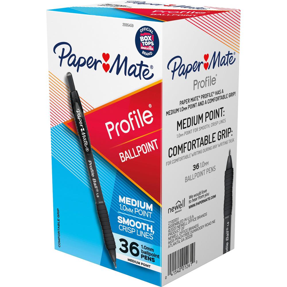 Paper Mate Profile 1.0mm Ballpoint Pens - Medium Pen Point - 1 mm Pen Point Size - Conical Pen Point Style - Retractable - Black - Black Barrel - 36 / Box. Picture 1