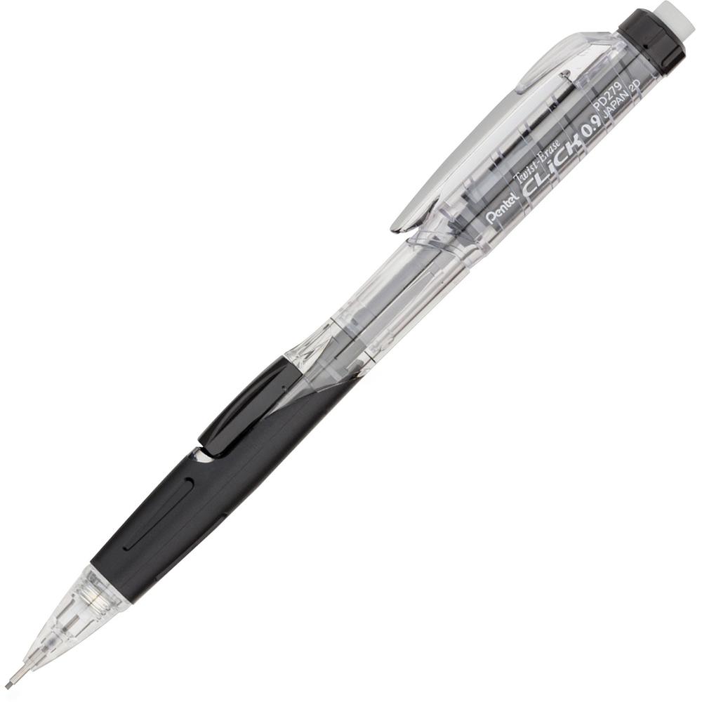 Pentel Twist-Erase Click Mechanical Pencils - #2, HB Lead - 0.9 mm Lead Diameter - Refillable - Black Lead - Transparent, Black Barrel - 12 / Box. Picture 1