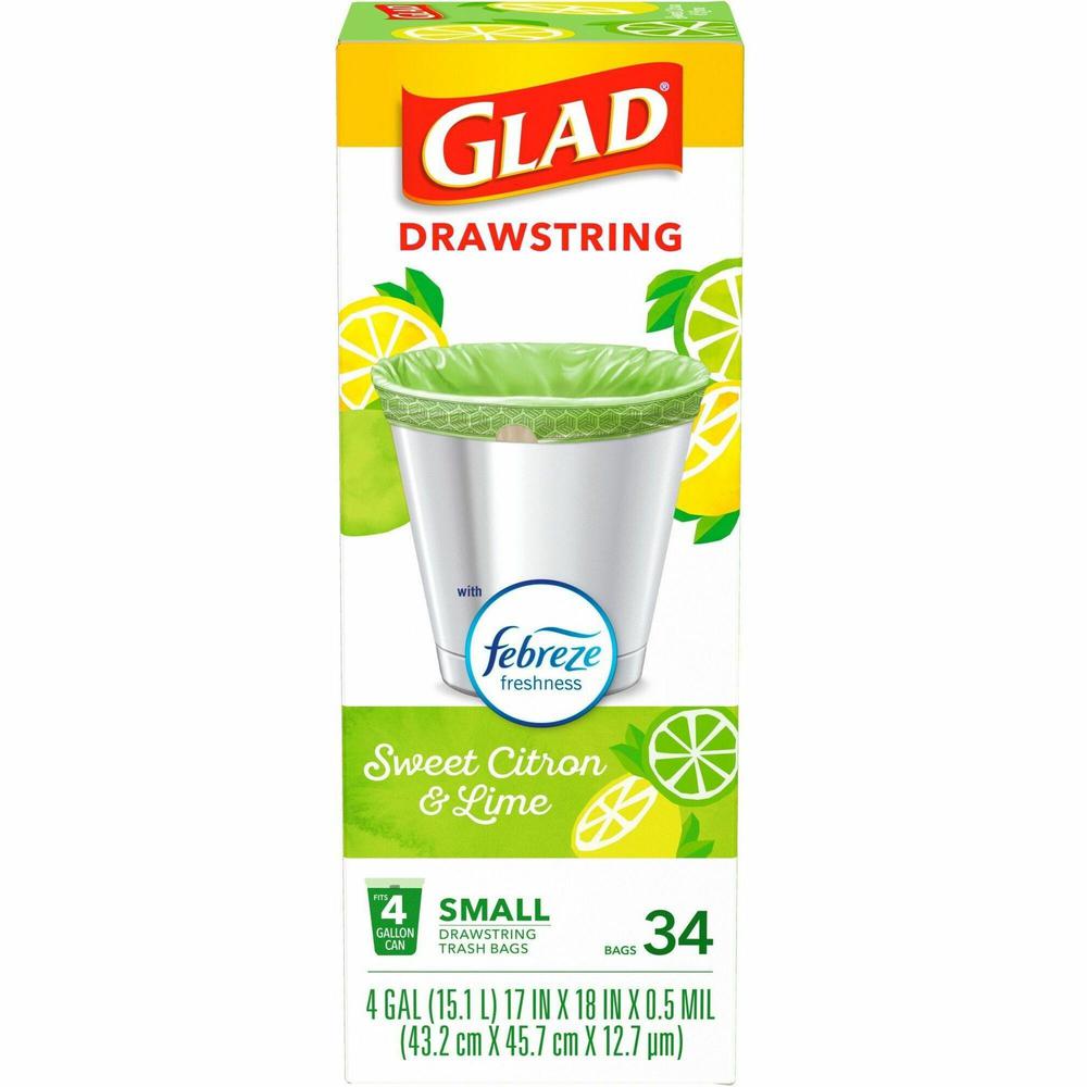 Glad Small Kitchen Drawstring Trash Bags - Febreze Sweet Citron & Lime - 4 gal Capacity - Drawstring Closure - Green - 34/Box - Home Office, Bathroom, Kitchen, Laundry. Picture 1