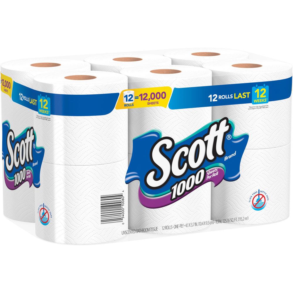 Scott 1000 1-ply 12Roll Bath Tissue - 1 Ply - 3.70" x 4.10" - 1000 Sheets/Roll - White - Absorbent - For Bathroom, Office Building, Public Facilities, School - 12 / Each. Picture 1