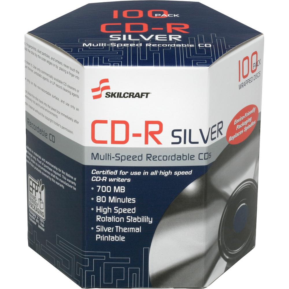 SKILCRAFT CD Recordable Media - CD-R - 52x - 700 MB - 100 Pack Box - TAA Compliant - 120mm - Printable - Thermal Printable - 1.33 Hour Maximum Recording Time. The main picture.