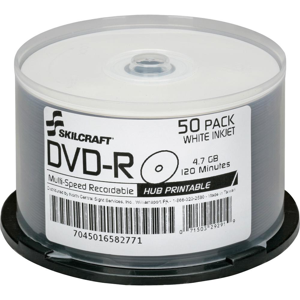 SKILCRAFT DVD Recordable Media - DVD-R - 16x - 4.70 GB - 50 Pack Spindle - TAA Compliant - 120mm - Printable - Inkjet Printable - 2 Hour Maximum Recording Time. Picture 1