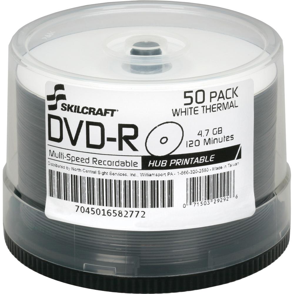 SKILCRAFT DVD Recordable Media - DVD-R - 16x - 4.70 GB - 50 Pack Spindle - TAA Compliant - 120mm - Printable - Laser Printable - 2 Hour Maximum Recording Time. The main picture.
