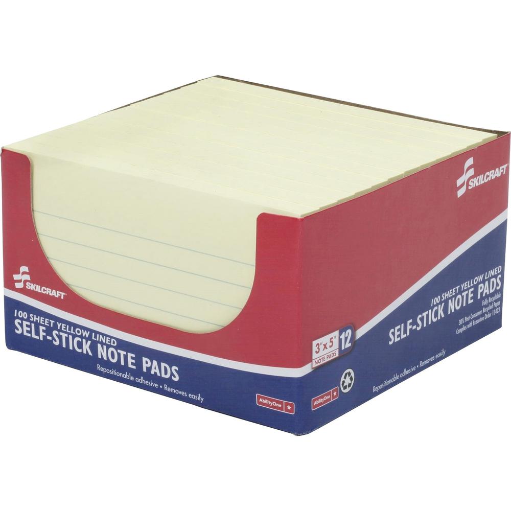 SKILCRAFT Lined 3x5 Self-stick Note Pads - 3" x 5" - Rectangle - 100 Sheets per Pad - Yellow - Self-stick, Repositionable, Recyclable, Residue-free - 1 Dozen - TAA Compliant. Picture 1
