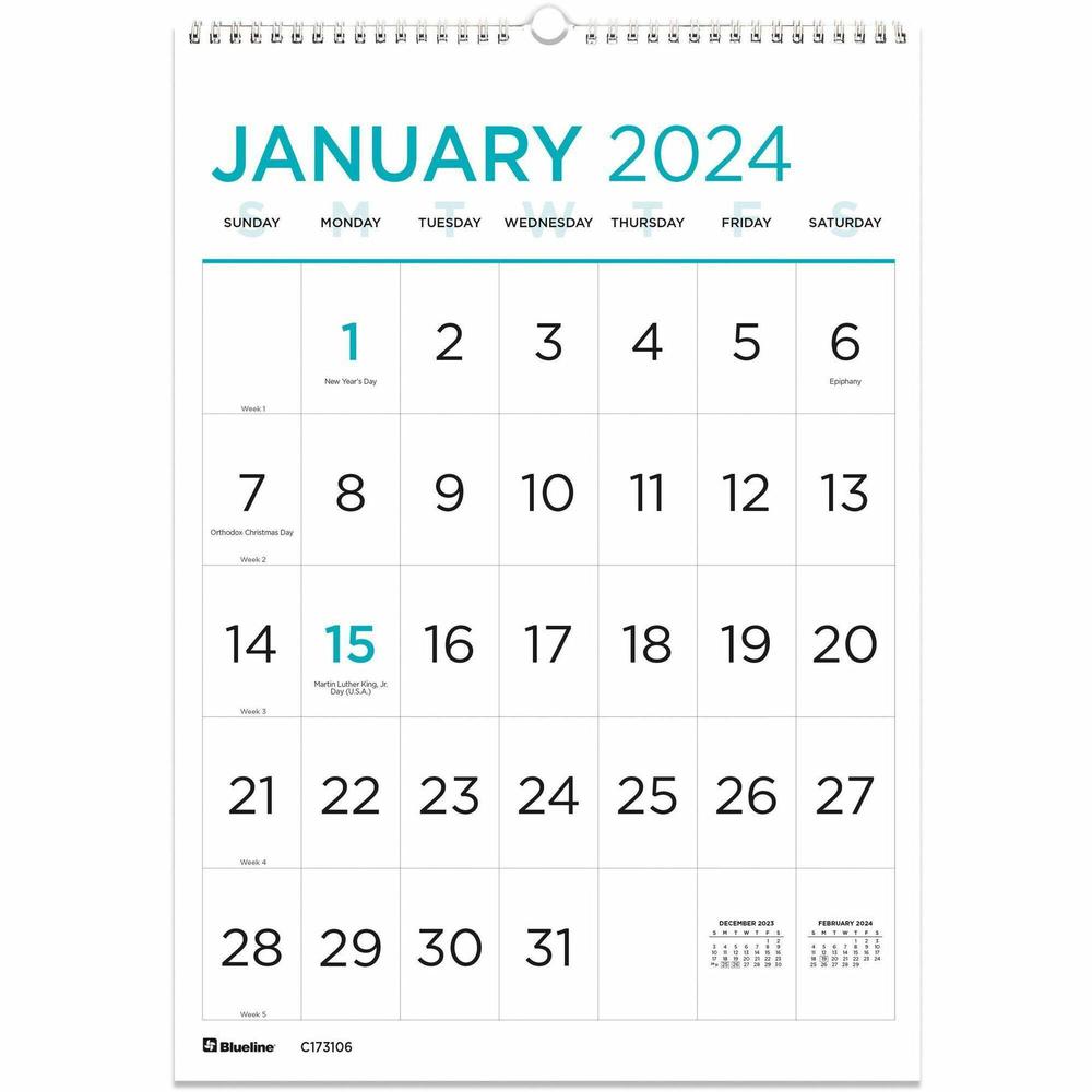 Blueline Large Print Monthly Wall Calendar - Monthly - 12 Month - January 2024 - December 2024 - 1 Month Single Page Layout - Twin Wire - Light Blue - Chipboard - 17" Height x 12" Width - Sturdy, Rein. Picture 1